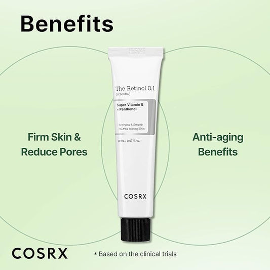 COSRX Retinol 0.1 tube with anti aging and firm skin benefits listed